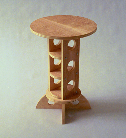 circular natural wood endtaable with internal shelves